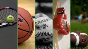 A tennis racket, basketball, baseball, boxing gloves, and American football