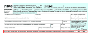 IRS Form 1040 with the virtual currency section circled