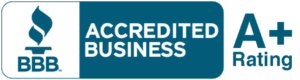 The Better Business Bureau logo with text that reads, "Accredited Business. A+ Rating".
